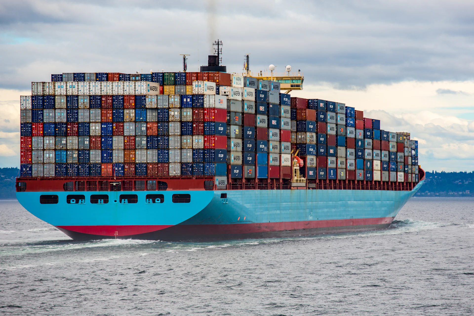 Loaded container ship under way at sea